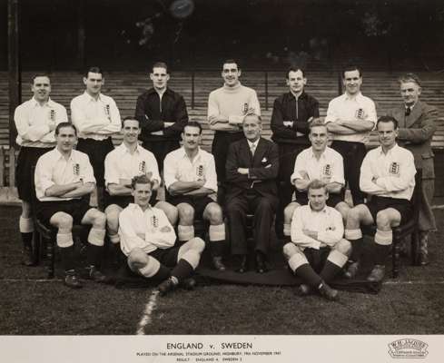 B&w photograph of the England team v Sweden, played at Arsenal Highbury Stadium on 19th November 1947, 
 taken by W.H. Jaques, featuring the team in s