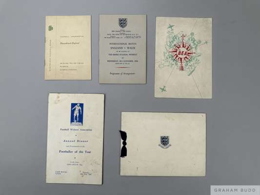 Player Itinerary for the England v Wales International game on Wednesday 14th November 1956, 
 a Christmas card from and signed by Walter Winterbottom