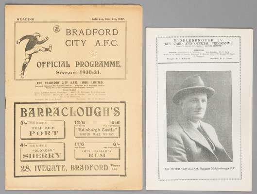 Two Reading away programmes,
 F.L. Division Two fixtures at Bradford City 6th December 1930; and Middlesbrough 29th December 1928 (ex-binder, lacking 