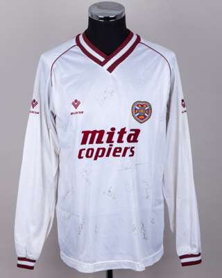 White and maroon No.4 Hearts of Midlothian autographed long-sleeved shirt, 1987-88