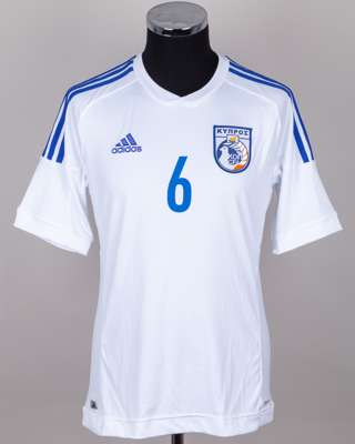 Charis Kyriakou white and blue No.6 Cyprus v. Japan short-sleeved shirt, 2014