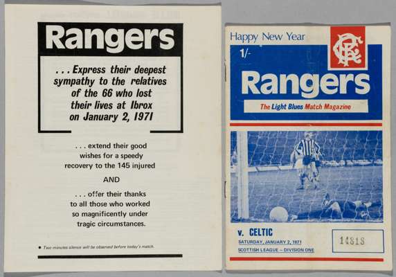 Rangers v. Celtic, Ibrox Disaster Match programme, 2nd January 1971, 
 team page loose and a Rangers v. Dundee United in memoriam programme (2)