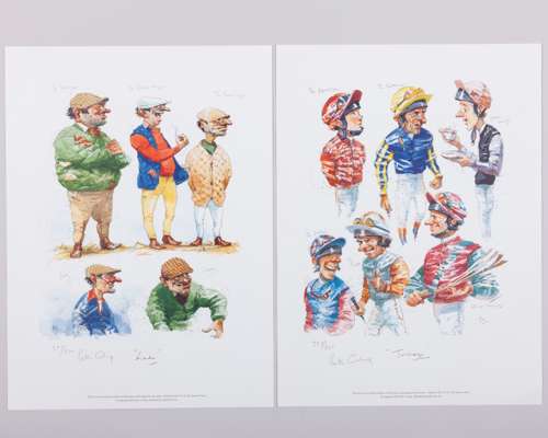 Group of seven Peter Curling (Irish, b.1955) caricature prints