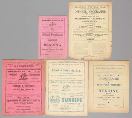 Five Brentford v Reading programmes,
 F.L. Division Three South fixtures 19th December 1925 and 3rd May 1933 (played on a Wednesday); and three reserv