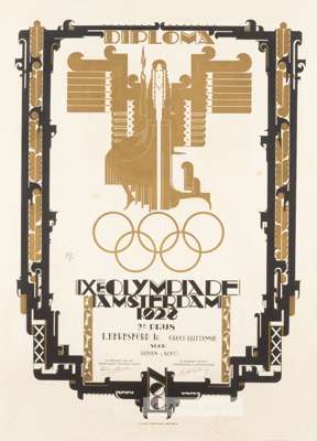 1928 Amsterdam Olympic Games eights rowing silver medal diploma awarded to Jack Beresford of Great Britain, 
 featuring the Art Deco style winged Nike