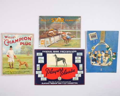 A group of four cigarette advertisements featuring horse racing and greyhounds