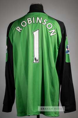 Paul Robinson signed green and black Blackburn Rovers no.1 goalkeeper's jersey, season 2010-11,
 Umbro, long-sleeved BARCLAYS PREMIER LEAGUE sleeve ba