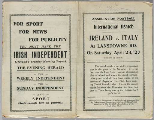 Republic of Ireland (FA of Irish Free State) programme, first ever home football international v Italy, played at Lansdowne Road, 23rd April 1927,
 4-