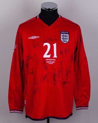 Nicky Butt red No.21 England v. Argentina autographed long-sleeved shirt, 2002