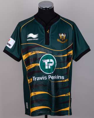 Green and black autographed Northampton Saints replica short-sleeved rugby shirt, 2012-13