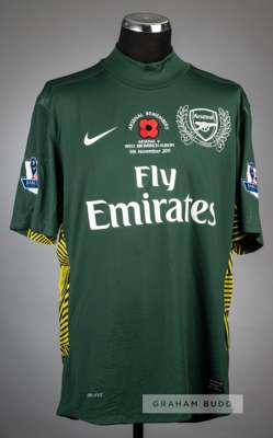 Wojciech Szczesny green Arsenal No.13 goalkeeper's poppy jersey v West Bromwich Albion played at Emirates Stadium, 5th November 2011,
 Nike, short-sle