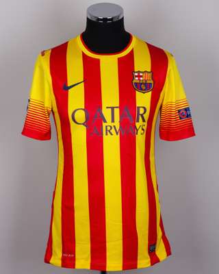 Xavi red and yellow No.6 Barcelona v. AC Milan long-sleeved shirt, 2013