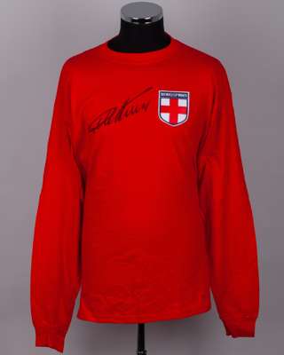 A red Geoff Hurst autographed replica 1966 World Cup Winners long-sleeved shirt