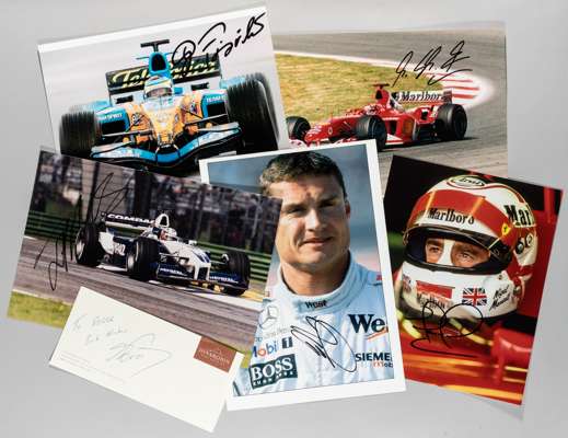 Five F1 racing stars signed photographs,
 comprising Michael Schumacher, Nigel Mansell, Juan Pablo Montoya, Giancarlo Fisichella and David Coulthard; 