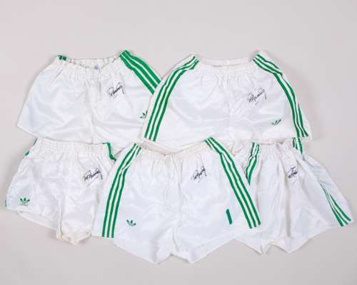 Pat Jennings five pairs of white and green autographed Northern Ireland worn shorts