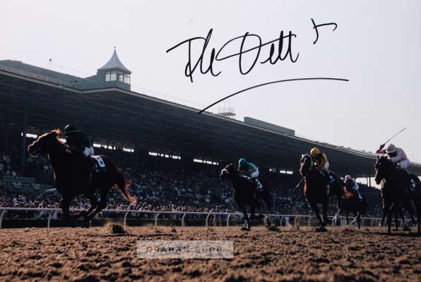 HORSE RACING - Champion Jockeys A.P ‘Tony’ McCoy and Ryan Moore, Frankie Dettori and Bob Champion,
 four large 16 by 12in. autographed display photogr