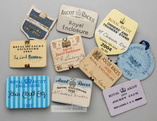A fine collection of Royal Ascot Enclosure day badges,
 all named in ink by hand, a tradition that still endures to this day, examples comprising 1892