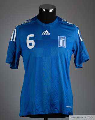 Angelos Basinas signed blue No.6 Greece short sleeved shirt, 2009-10, 
 Adidas, MM, crew neck with embroidered cloth badge, reverse lettered BASINAS a