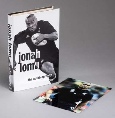 Jonah Lomu signed "The Autobiography",
 hardback with d/j, signed in black marker pen on inside page and a signed 8 by 6in. colour photograph, signed 