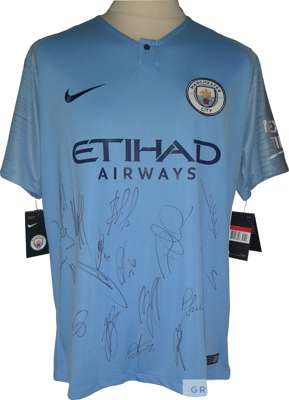 Manchester City 2018-19 (Treble) Premier League winners, FA Cup and League Cup winners squad signed shirt by 18 players, 
 Ederson, Bernardo Silva, Ma
