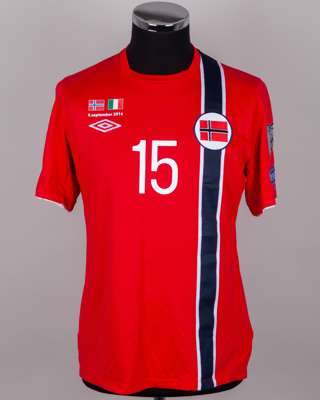 Per Ciljan Skjelbred red, blue and white No.15 Norway v. Italy short-sleeved shirt, 2014