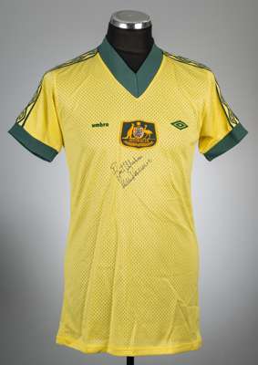 Phil O'Connor yellow and green Australia no.16 jersey v England, played at Sydney Cricket ground, 31st May 1980,
 Umbro, short-sleeved with national e