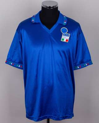 Pietro Vierchwood blue No.5 Italy v. Switzerland match worn short-sleeved shirt, 1993