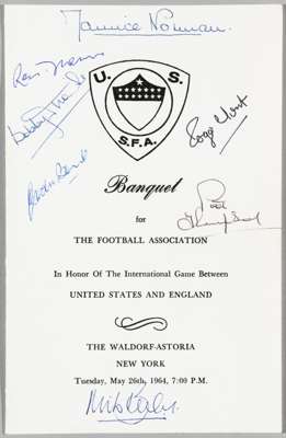 USA v England signed banquet menu, 27th May 1964, 
 in honour of the England team before the game which England won 10-0 and signed by Maurice Norman,