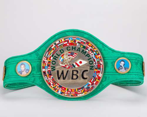 A replica WBC belt, with printed photographs of previous winners