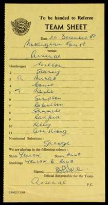 Official Football League team sheet: Nottingham Forest v Arsenal 26th December 1969, hand-written Arsenal line-up, confirmation of playing colours and