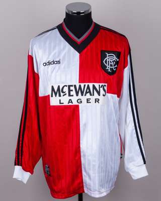 Paul Gascoigne red and white No.8 Rangers long-sleeved shirt, 1995-96