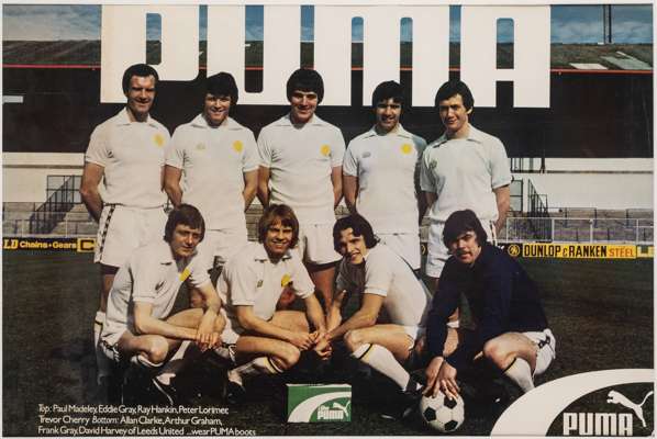 Puma football boot display advertisement poster featuring Leeds United team, circa 1978,
 featuring the team in standing and kneeling pose on the pitc
