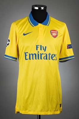 Tomas Rosicky yellow & blue Arsenal UEFA Champions League no.7 away jersey, season 2013-14, 
 match issue, Nike, short-sleeved with UEFA STARBALL and 