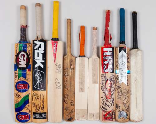 Nine variously autographed cricket bats