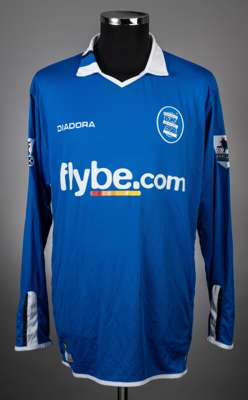 Mario Melchiot blue No.29 Birmingham City long-sleeved jersey, 2004-05, 
 Diadora, size L, with v-neck collar and embroidered cloth badge inscribed BI