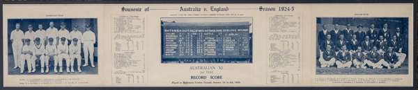 Australia v England second Ashes test record score souvenir brochure for the match played at Melbourne Cricket Ground, 1st to 8th January 1925,
 featu