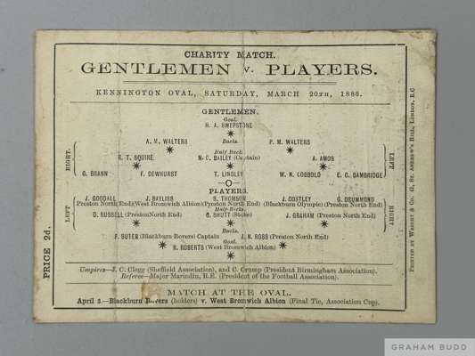 Rare Gentleman v. Players Charity Match programme/card, 20th March 1886
 match played at the Kennington Oval, vertical tape repair, some staining and 