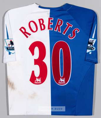 Jason Roberts blue and white Blackburn Rovers no.30 home jersey, season 2006-07,
 short-sleeved with BARCLAYS PREMIERSHIP sleeve badges, club crest an