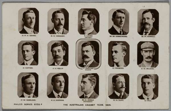 An autographed 1905 Australian Cricket Team line-up postcard, 
 the reverse bearing fifteen autographs of the Australian Touring side, Philco Series 6