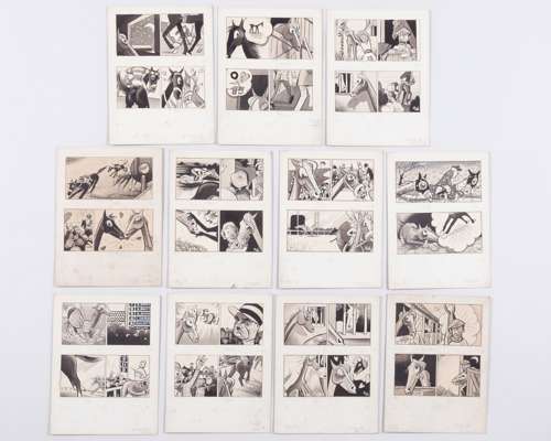 Eight Pierre Bellocq (French, b.1926) original drawings for horse racing strip cartoons,