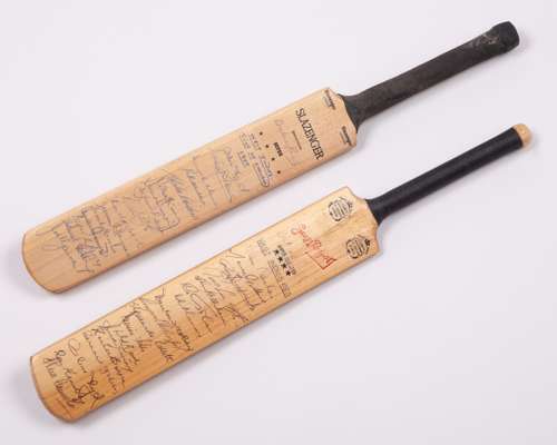 Dickie Bird West Indies 1973 and 1980 autographed miniature cricket bats