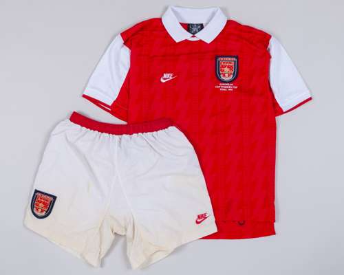 Chris Kiwomya red and white No.15 Arsenal Cup Winners Cup Final short-sleeve shirt, 1995
