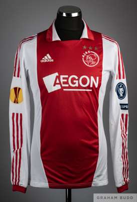 Eyong Enoh red and white No.6 Ajax long sleeve shirt 2011-12, 
 Adidas, size M, V neck with embroidered cloth badge inscribed AJAX Amsterdam, back let