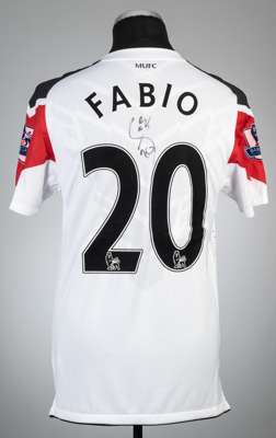 Fabio signed white Manchester United Poppy no.20 away jersey, season 2010-11,
 Nike, short-sleeved with BARCLAYS PREMIER LEAGUE sleeve badges, club cr