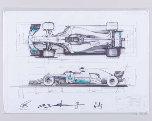 Mercedes-AMG Petronas Motorsport 2018 Signed Technical Drawing & Medals Framed Display