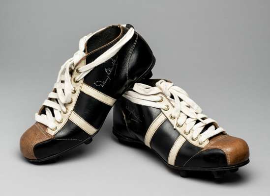 DANNY BLANCHFLOWER player-endorsed vintage football boots circa late 1950s,
 these appear to be worn, though judging by the clean leather soles they h