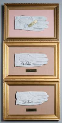 Three US Major winner's born in the 1940s signed golf gloves,
 each white glove mounted, glazed and framed with engraved players name, signed in black
