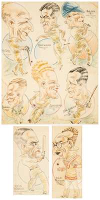 Two cricket caricatures by Shinwell, circa 1925,
 the first pen and watercolour depicting Surrey's Percy G.H. Fender, mounted, glazed and framed, over
