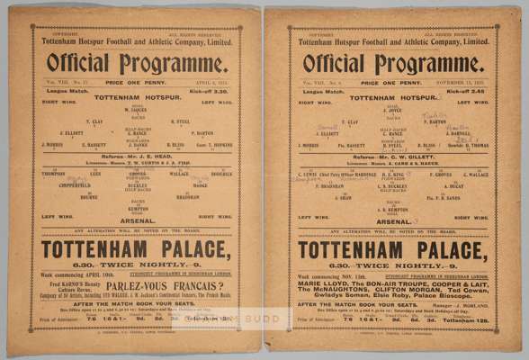 Two Tottenham Hotspur wartime match programmes v Arsenal,
 comprising v Arsenal 13th November 1915 and v Arsenal 8th April 1916, each single double si