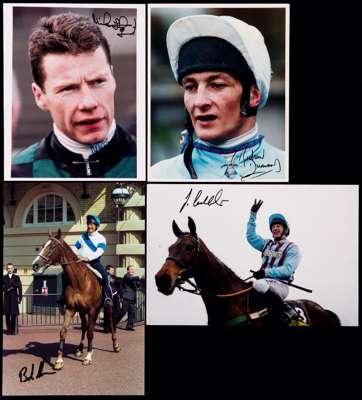 An album of signed photographs of National Hunt jockeys and owners, in sleeves in a ring binder file, 8 by 10 & 10 by 12in., colour & b&w, 110 photogr